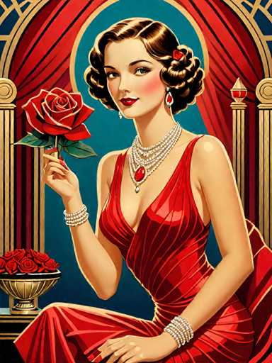 A woman dressed in an elegant red gown with pearls and a large rose is the central figure in this illustration. She holds a large rose in her hand while seated on a chair. The background features a blue curtain adorned with gold accents, adding to the overall opulence of the scene.