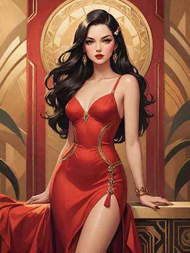 The image depicts a woman wearing a red dress with gold accents and a gold brooch on her shoulder. She is standing against a backdrop of a red wall adorned with gold designs. The woman has long dark hair styled in loose waves and is wearing earrings.