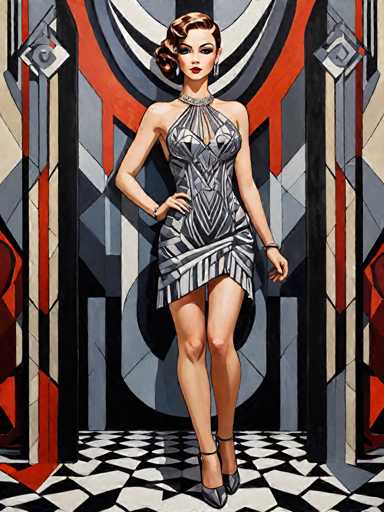 The image depicts a woman wearing an elegant silver and black dress with a geometric pattern on the bodice and skirt. She is standing confidently against a backdrop of red and white stripes, which adds to her striking appearance. The painting style is realistic, capturing the intricate details of the woman's attire and the surrounding environment.