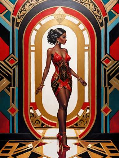 The image depicts a woman wearing a red dress with gold accents and high heels standing on a white platform adorned with black geometric patterns. The background features a vibrant mix of red, blue, green, and yellow colors, creating an artistic and visually striking scene.