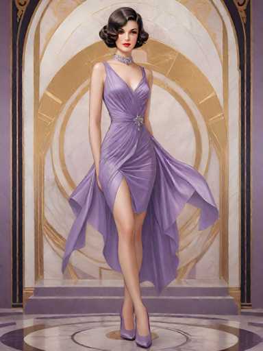 A woman is standing on a circular platform with her left leg extended and her right arm resting at her side. She is wearing a purple dress with a high neckline and a large beaded necklace. The background features a gold archway adorned with intricate designs.