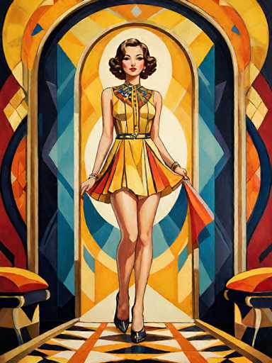 The image depicts a woman wearing a yellow dress with orange and blue stripes on the sleeves and skirt. She is standing in front of an archway that has a geometric pattern painted on it. The background features a colorful abstract design.