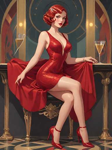 A woman with red hair and a red dress is seated at a table with two glasses of champagne on it. The background features a blue archway adorned with gold accents.