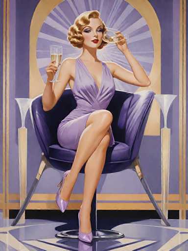 A woman is seated on a chair with her legs crossed and holding a glass of champagne. She is wearing a purple dress and high heels. The background features a gold archway and two white vases.