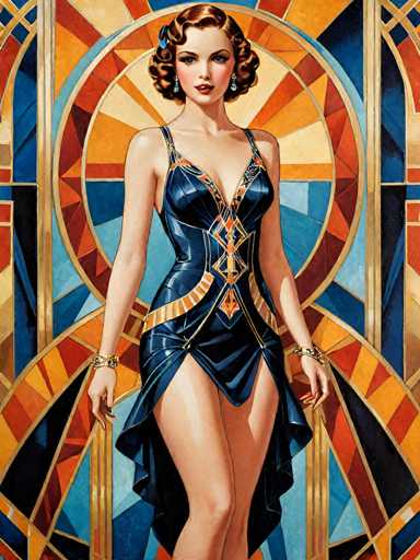 The image depicts an artist's illustration of a woman wearing a blue dress with gold accents and gold accents on her hands and feet. The background features a geometric pattern in shades of orange and blue.