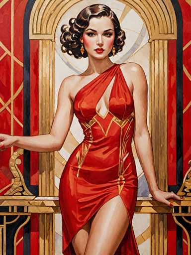 A woman is depicted wearing an elegant red dress with gold accents and a corset that accentuates her figure. She stands confidently on a balcony, holding the railing with one hand while looking directly at the viewer with the other hand. The background features a red curtain adorned with gold designs, adding to the overall opulence of the scene.