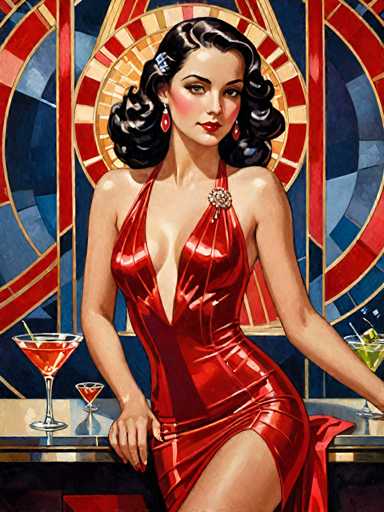 The image depicts a woman wearing a red dress with her hair styled in an updo and earrings. She is standing on the left side of the frame, holding a martini glass filled with a drink that appears to be a cocktail or mixed drink. The background features a stained glass window with a geometric pattern in shades of blue, red, and gold.