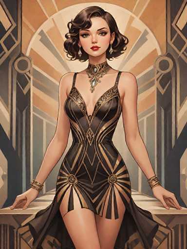 The image depicts a woman wearing an elegant black dress with gold accents and a necklace. She is standing on a platform that has a geometric pattern of circles and lines, suggesting a modern or contemporary style. The background features a large archway adorned with intricate designs in shades of brown and orange, creating a sense of depth and grandeur.