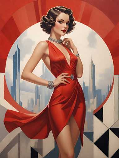 The image depicts a woman wearing an elegant red dress with a high neckline and a corset, standing against the backdrop of a city skyline. The woman is positioned centrally within the frame, her gaze directed towards the viewer. The painting style is realistic, capturing the intricate details of the woman's attire and the urban environment surrounding her.