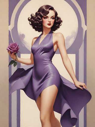 A woman with curly hair is standing against a purple background featuring a white circle and a floral pattern. She is wearing a purple dress that has a halter neckline and a skirt with a split waist. The woman holds a rose in her hand.