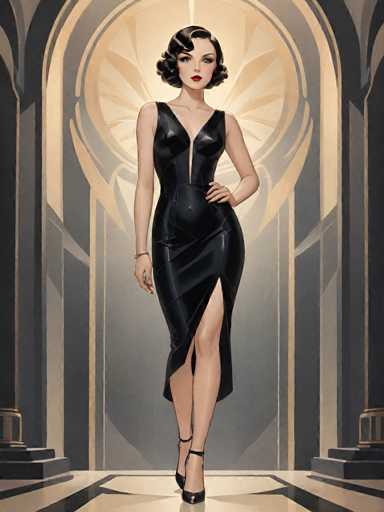 The image depicts a woman wearing a black dress with a high neckline and split skirt, standing in front of an archway that leads to another room. The background is dark, creating a contrast with the woman's attire.