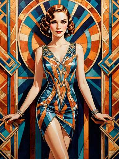 The image depicts a woman wearing an ornate dress with blue and orange geometric patterns on the bodice and skirt. The woman is standing against a backdrop of a stained glass window featuring a circular design in shades of blue and orange.