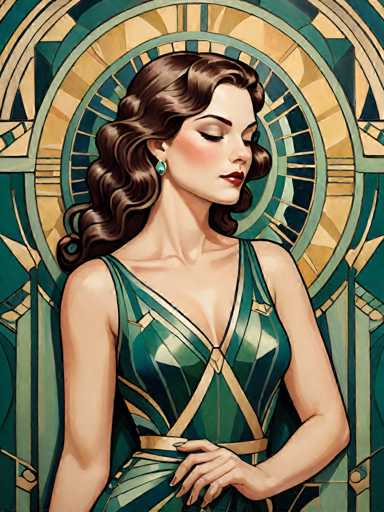 A woman with long brown hair is depicted wearing a green dress and gold earrings against a backdrop of a geometric patterned wall featuring a clock face and a crescent moon design.