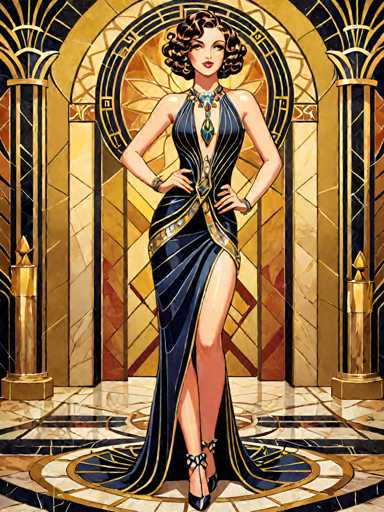 The image depicts a woman wearing an elegant black dress with gold accents and high heels, standing on a circular platform adorned with gold tiles. The background features a large archway with intricate designs in gold and blue hues, suggesting a grand or opulent setting.