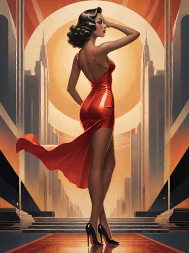 The image depicts a woman wearing a red dress with her hair styled in an updo and heels. She is standing on a runway or catwalk, facing the camera directly. The background features a cityscape with buildings of varying heights and designs, creating a sense of depth and perspective.