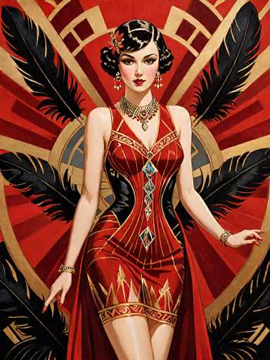 The image depicts a woman wearing an elegant red dress with gold accents and black feathers adorning her hair. She is standing against a backdrop of a large red circle adorned with gold designs, which includes a bird-like shape on the left side and a flower design on the right side. The woman's pose suggests she is in a social or formal setting, possibly at an event or gathering.