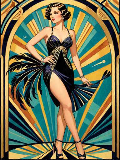 The image depicts a woman wearing an elegant black dress with gold accents and a feathered headdress. She is holding a feather duster and standing on a platform adorned with blue and yellow stripes. The background features a sunburst pattern in shades of orange and yellow.