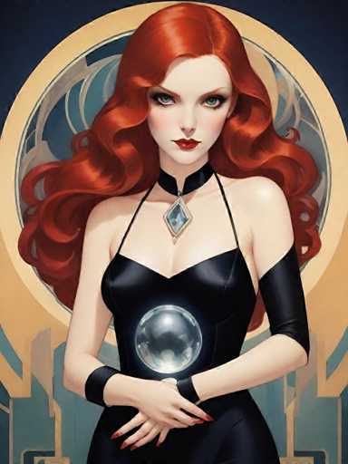 The image depicts a woman with red hair wearing a black dress and holding a crystal ball. The background features a circular window with gold trim, creating an artistic and surreal atmosphere.