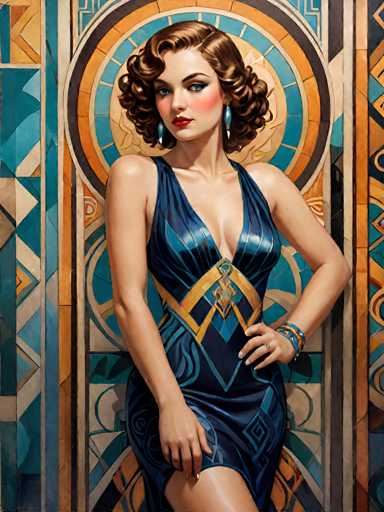 A woman is standing against an ornate blue and gold wall with a circular design at the center. She is wearing a blue dress with gold accents and has her hair styled in loose curls. The background features a geometric pattern that complements the overall composition of the image.