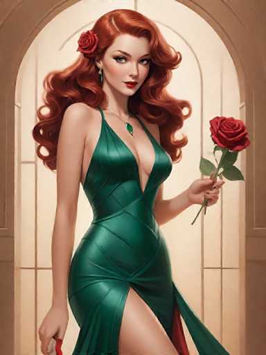 A woman with red hair and a green dress is holding a rose in her right hand while wearing earrings on her ears. The background features an archway and a window, suggesting the setting could be a room or a hallway.