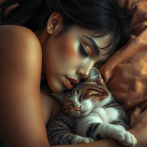 Girl sleeping with her cat