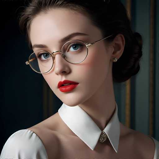 glamorous photo A captivating close-up of a mysterious young woman, her luscious lips slightly parted in a subtle seduction, framed by the edges of her vintage glasses. The gentle play of light on her porcelain skin creates an alluring contrast with the dark shadows cast by her frames. In the style of Annie Leibovitz. . high fashion, luxurious, extravagant, stylish, sensual, opulent, elegance, stunning beauty, professional, high contrast, detailed-ugly, deformed, noisy, blurry, distorted, grainy, sketch, low contrast, dull, plain, modestSteps: 8, Sampler: DPM++ SDE Karras, Guidance Scale: 2.0, Seed: 3067924667, Size: 1024x1024, Model: mexxl_lcm_yy_f16.ckpt, Strength: 1.0, Seed Mode: Scale Alike, Upscaler: realesrgan_x2plus_f16.ckpt, Hires Fix: true, First Stage Size: 960x960, Second Stage Strength: 0.7, Target Size: 1024x1024, Crop: (0, 0), Original Size: 1024x1024, Negative Original Size: 512x512, Aesthetic Score: 6,0, Negative Aesthetic Score: 2,5, Zero Negative Prompt: false