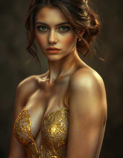 a captivating portrait of a seductive young woman in golden foil, her body rendered with delicate precision, as if crafted from fine lace or spun silk. Subtle shading gives depth and dimension to every curve, while intricate patterns shimmer like starlight across her skin. Her gaze seems to draw you in, inviting secrets shared between friends.Steps: 3, Sampler: Euler A Trailing, Guidance Scale: 1.0, Seed: 1796561696, Size: 896x1152, Model: flux_1_schnell_q5p.ckpt, Strength: 1.0, Seed Mode: Scale Alike, Upscaler: realesrgan_x2plus_f16.ckpt