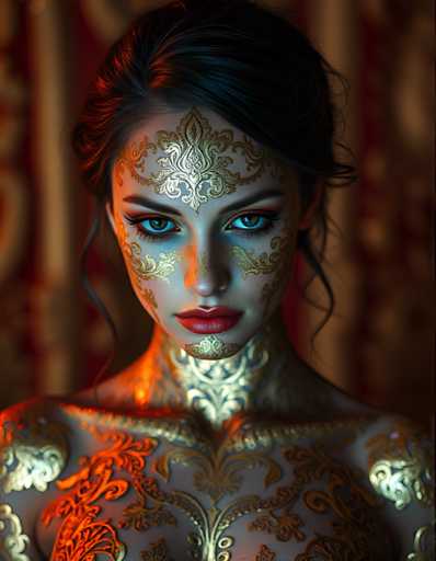 Full body shot  of A captivating woman with body adorned by intricate gold foil patterns that resemble delicate lace or filigree metalwork. Vibrant colors, dramatic lighting, photorealistic texture, UHD, 8K, ultra detailed, cinematic, sharp focus, hyper-realistic, beautiful lighting, great compositionSteps: 3, Sampler: DPM++ 2M AYS, Guidance Scale: 1.0, Seed: 4186243451, Size: 896x1152, Model: flux_1_schnell_q5p.ckpt, Strength: 1.0, Seed Mode: Scale Alike, Upscaler: realesrgan_x2plus_f16.ckpt