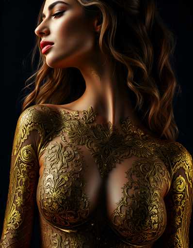 Full body shot  of A captivating woman with body adorned by intricate gold foil patterns that resemble delicate lace or filigree metalwork. Vibrant colors, dramatic lighting, photorealistic texture, UHD, 8K, ultra detailed, cinematic, sharp focus, hyper-realistic, beautiful lighting, great compositionSteps: 3, Sampler: DPM++ 2M AYS, Guidance Scale: 1.0, Seed: 2205933173, Size: 896x1152, Model: flux_1_schnell_q5p.ckpt, Strength: 1.0, Seed Mode: Scale Alike, Upscaler: realesrgan_x2plus_f16.ckpt