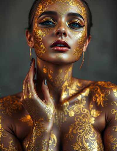 Full body shot  of A captivating woman with skin adorned by intricate gold foil patterns that resemble delicate lace or filigree metalwork. Her golden beauty seems almost ethereal as she holds the eye of all who gaze upon her. Vibrant colors, dramatic lighting, photorealistic texture.Steps: 3, Sampler: DPM++ 2M AYS, Guidance Scale: 1.0, Seed: 280944194, Size: 896x1152, Model: flux_1_schnell_q5p.ckpt, Strength: 1.0, Seed Mode: Scale Alike, Upscaler: realesrgan_x2plus_f16.ckpt