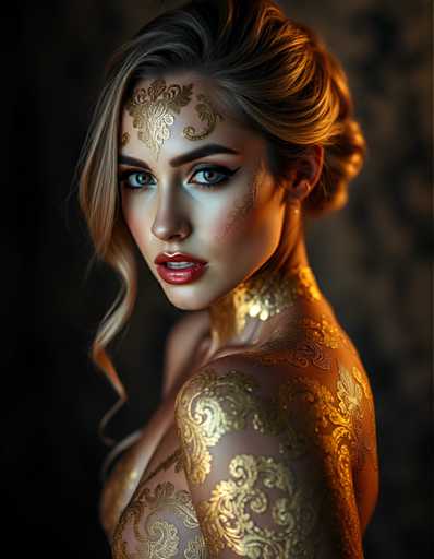 Full body shot  of A captivating woman with body adorned by intricate gold foil patterns that resemble delicate lace or filigree metalwork. Vibrant colors, dramatic lighting, photorealistic texture, UHD, 8K, ultra detailed, cinematic, sharp focus, hyper-realistic, beautiful lighting, great compositionSteps: 3, Sampler: DPM++ 2M AYS, Guidance Scale: 1.0, Seed: 2711463238, Size: 896x1152, Model: flux_1_schnell_q5p.ckpt, Strength: 1.0, Seed Mode: Scale Alike, Upscaler: realesrgan_x2plus_f16.ckpt