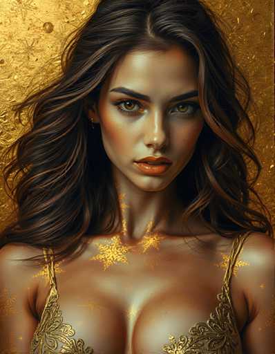 a captivating portrait of a seductive young woman in golden foil, her body rendered with delicate precision, as if crafted from fine lace or spun silk. Subtle shading gives depth and dimension to every curve, while intricate patterns shimmer like starlight across her skin. Her gaze seems to draw you in, inviting secrets shared between friends.Steps: 3, Sampler: Euler A Trailing, Guidance Scale: 1.0, Seed: 3395370068, Size: 896x1152, Model: flux_1_schnell_q5p.ckpt, Strength: 1.0, Seed Mode: Scale Alike, Upscaler: realesrgan_x2plus_f16.ckpt