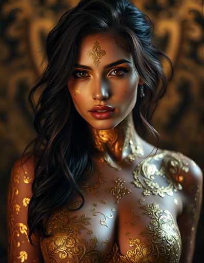 Full body shot  of A captivating woman with body adorned by intricate gold foil patterns that resemble delicate lace or filigree metalwork. Vibrant colors, dramatic lighting, photorealistic texture, UHD, 8K, ultra detailed, cinematic, sharp focus, hyper-realistic, beautiful lighting, great compositionSteps: 3, Sampler: DPM++ 2M AYS, Guidance Scale: 1.0, Seed: 3013121116, Size: 896x1152, Model: flux_1_schnell_q5p.ckpt, Strength: 1.0, Seed Mode: Scale Alike, Upscaler: realesrgan_x2plus_f16.ckpt