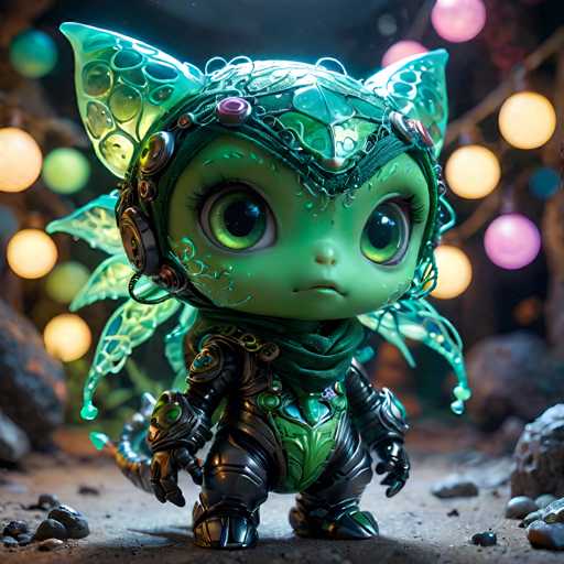 UHD, 8K, ultra detailed, a cinematic photograph of An adorable, wide-eyed chibi alien with three long, spindly fingers, a bulbous head covered in shimmering green scales, and large, expressive eyes filled with curiosity. It wears a small, colorful bandana around its neck and carries a miniature spaceship made of bioluminescent materials on its back. In the style of Yoshitaka Amano., beautiful lighting, great composition-ugly, deformed, noisy, blurrySteps: 10, Sampler: DPM++ SDE Karras, Guidance Scale: 2.0, Seed: 3011101604, Size: 1024x1024, Model: zaxiousxl_lightiningv30_f16.ckpt, Strength: 1.0, Seed Mode: Scale Alike, Upscaler: realesrgan_x2plus_f16.ckpt, Target Size: 1024x1024, Crop: (0, 0), Original Size: 1024x1024, Negative Original Size: 512x512, Aesthetic Score: 6.0, Negative Aesthetic Score: 2.5, Zero Negative Prompt: false