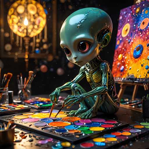 UHD, 8K, ultra detailed, a cinematic photograph of A Chibi alien artist creating a masterpiece using a palette of vibrant colors and various brushes made from different materials. The canvas is a living organism that reacts to the artist's touch. In the style of Gustav Klimt., beautiful lighting, great composition-ugly, deformed, noisy, blurrySteps: 10, Sampler: DPM++ SDE Karras, Guidance Scale: 2.0, Seed: 1579213639, Size: 1024x1024, Model: juggernaut_xl_v9_lightning_f16.ckpt, Strength: 1.0, Seed Mode: Scale Alike, Upscaler: realesrgan_x2plus_f16.ckpt, Target Size: 1024x1024, Crop: (0, 0), Original Size: 1024x1024, Negative Original Size: 512x512, Aesthetic Score: 6.0, Negative Aesthetic Score: 2.5, Zero Negative Prompt: false