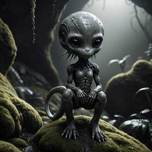 UHD, 8K, ultra detailed, a cinematic photograph of A quiet, introspective chibi alien with elongated limbs and a long, thin tail. It's sitting on a mossy rock, contemplating the stars. In the style of H.R. Giger., beautiful lighting, great composition-ugly, deformed, noisy, blurrySteps: 10, Sampler: DPM++ SDE Karras, Guidance Scale: 2.0, Seed: 960901924, Size: 1024x1024, Model: fenrisxl_sdxllightning_f16.ckpt, Strength: 1.0, Seed Mode: Scale Alike, Upscaler: realesrgan_x2plus_f16.ckpt, Target Size: 1024x1024, Crop: (0, 0), Original Size: 1024x1024, Negative Original Size: 512x512, Aesthetic Score: 6.0, Negative Aesthetic Score: 2.5, Zero Negative Prompt: false