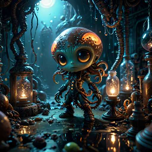 UHD, 8K, ultra detailed, a cinematic photograph of An alien chibi character with multiple eyes and tentacles, examining an ancient artifact in a dark, eerie laboratory filled with strange, glowing machines and bubbling potions. The laboratory is located deep beneath the surface of a watery planet. In the style of Lovecraftian horror., beautiful lighting, great composition-ugly, deformed, noisy, blurrySteps: 10, Sampler: DPM++ SDE Karras, Guidance Scale: 2.0, Seed: 1035167252, Size: 1024x1024, Model: boltningrealistic_v10_f16.ckpt, Strength: 1.0, Seed Mode: Scale Alike, Upscaler: realesrgan_x2plus_f16.ckpt, Target Size: 1024x1024, Crop: (0, 0), Original Size: 1024x1024, Negative Original Size: 512x512, Aesthetic Score: 6.0, Negative Aesthetic Score: 2.5, Zero Negative Prompt: false