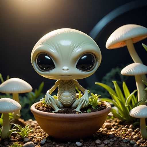 UHD, 8K, ultra detailed, a cinematic photograph of A chibi alien with a large, round body and two long, thin arms ending in small hands. Its head is shaped like a mushroom cap, complete with a tiny umbilical cord-like feature. It wears a simple, white tunic and carries a miniature garden in a pot on its back. In the style of Giorgio de Chirico., beautiful lighting, great composition-ugly, deformed, noisy, blurrySteps: 10, Sampler: DPM++ SDE Karras, Guidance Scale: 2.0, Seed: 2736386749, Size: 1024x1024, Model: imaginarium_v10turboboosted_f16.ckpt, Strength: 1.0, Seed Mode: Scale Alike, Upscaler: realesrgan_x2plus_f16.ckpt, Target Size: 1024x1024, Crop: (0, 0), Original Size: 1024x1024, Negative Original Size: 512x512, Aesthetic Score: 6.0, Negative Aesthetic Score: 2.5, Zero Negative Prompt: false