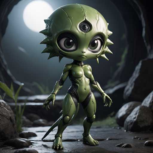 UHD, 8K, ultra detailed, a cinematic photograph of A chibi alien with large, black eyes and long, thin arms, wearing a revealing metallic suit that exposes her green skin. She holds a phallic-shaped weapon and gives off an air of curiosity and lust. In the style of Leiji Matsumoto., beautiful lighting, great composition-ugly, deformed, noisy, blurrySteps: 8, Sampler: DPM++ SDE Karras, Guidance Scale: 1.8, Seed: 4214791152, Size: 1024x1024, Model: fenrisxl_sdxl_lightning_f16.ckpt, Strength: 1.0, Seed Mode: Scale Alike, Upscaler: realesrgan_x2plus_f16.ckpt, Target Size: 1024x1024, Crop: (0, 0), Original Size: 1024x1024, Negative Original Size: 512x512, Aesthetic Score: 6.0, Negative Aesthetic Score: 2.5, Zero Negative Prompt: false