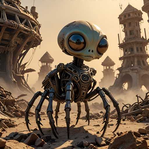 UHD, 8K, ultra detailed, a cinematic photograph of An alien chibi character with multiple legs and a bulbous body, sitting on top of a giant, mechanical spider in a post-apocalyptic wasteland filled with ruins and smog. The spider is shooting energy beams from its eyes while the alien is waving a flag of surrender. In the style of Moebius., beautiful lighting, great composition-ugly, deformed, noisy, blurrySteps: 10, Sampler: DPM++ SDE Karras, Guidance Scale: 2.0, Seed: 2601120594, Size: 1024x1024, Model: imaginarium_v10turboboosted_f16.ckpt, Strength: 1.0, Seed Mode: Scale Alike, Upscaler: realesrgan_x2plus_f16.ckpt, Target Size: 1024x1024, Crop: (0, 0), Original Size: 1024x1024, Negative Original Size: 512x512, Aesthetic Score: 6.0, Negative Aesthetic Score: 2.5, Zero Negative Prompt: false