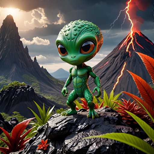 UHD, 8K, ultra detailed, a cinematic photograph of An alien chibi character with a reptilian appearance and a large, powerful tail, standing on top of a volcanic mountain surrounded by a dense jungle filled with exotic plants and animals. The mountain is spewing lava while lightning strikes the sky above. In the style of Pablo Picasso., beautiful lighting, great composition-ugly, deformed, noisy, blurrySteps: 10, Sampler: DPM++ SDE Karras, Guidance Scale: 2.0, Seed: 3120849036, Size: 1024x1024, Model: imaginarium_v10turboboosted_f16.ckpt, Strength: 1.0, Seed Mode: Scale Alike, Upscaler: realesrgan_x2plus_f16.ckpt, Target Size: 1024x1024, Crop: (0, 0), Original Size: 1024x1024, Negative Original Size: 512x512, Aesthetic Score: 6.0, Negative Aesthetic Score: 2.5, Zero Negative Prompt: false