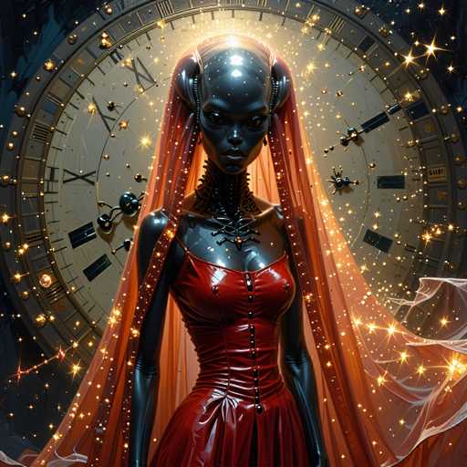 The image depicts a woman with long hair and an orange dress standing in front of a large clock that is adorned with gold stars. The woman's face is partially obscured by her dress, adding to the mysterious atmosphere of the scene.