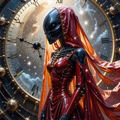 The image depicts an alien-like figure wearing a red dress and a black headdress with gold accents, standing in front of a large clock that is adorned with Roman numerals and stars. The background features a sky filled with clouds and stars.