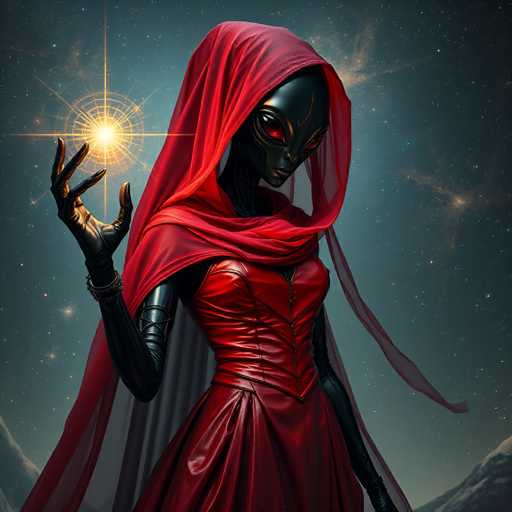 The image depicts an alien figure dressed in a red robe and hooded headdress with wings, holding a star above their head against the backdrop of a dark blue sky dotted with stars.