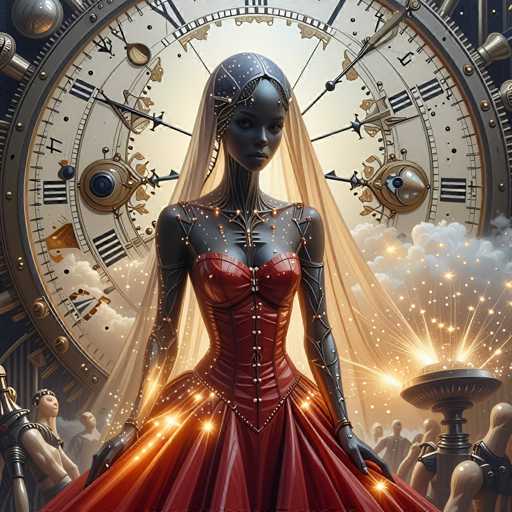 The image depicts a woman with long black hair and a red dress standing in front of a large clock that is adorned with gold accents and features Roman numerals on its face. The background includes a sky filled with clouds and stars, creating an ethereal atmosphere around the scene.