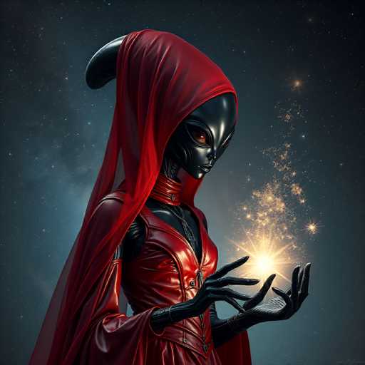 The image depicts an alien figure dressed in a red robe and hat with black wings, holding a star-like object that emits a bright light against the dark background of stars and space.