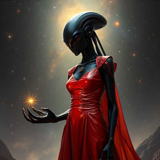 A woman with black hair and a red dress stands against a backdrop of stars and mountains under a dark sky. She holds a small star in her hand.