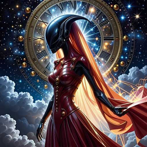 The image depicts a woman with long hair and an orange dress standing against the backdrop of a large clock that is surrounded by stars. The woman appears to be wearing a red cape or dress, which contrasts with her dark hair. The clock has gold hands and numbers, adding a touch of elegance to the scene.