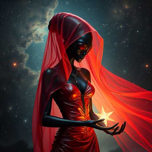 A woman dressed in a red dress with a hood and holding a star is the central figure of this image. The background features a dark blue sky filled with stars, creating an otherworldly atmosphere.