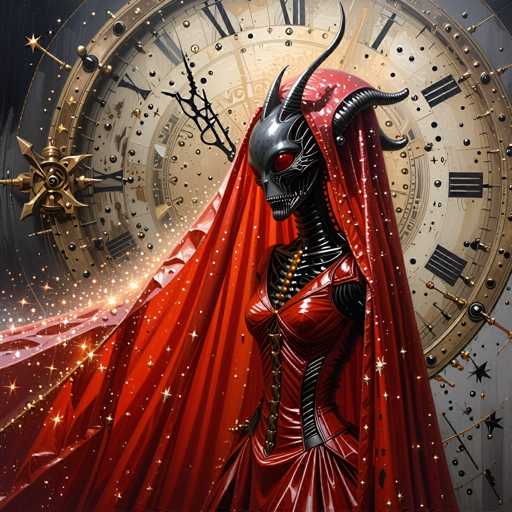 The image depicts a woman with a red dress and a mask on her face standing in front of a large clock that is adorned with gold stars. The clock has Roman numerals and the hands are black.